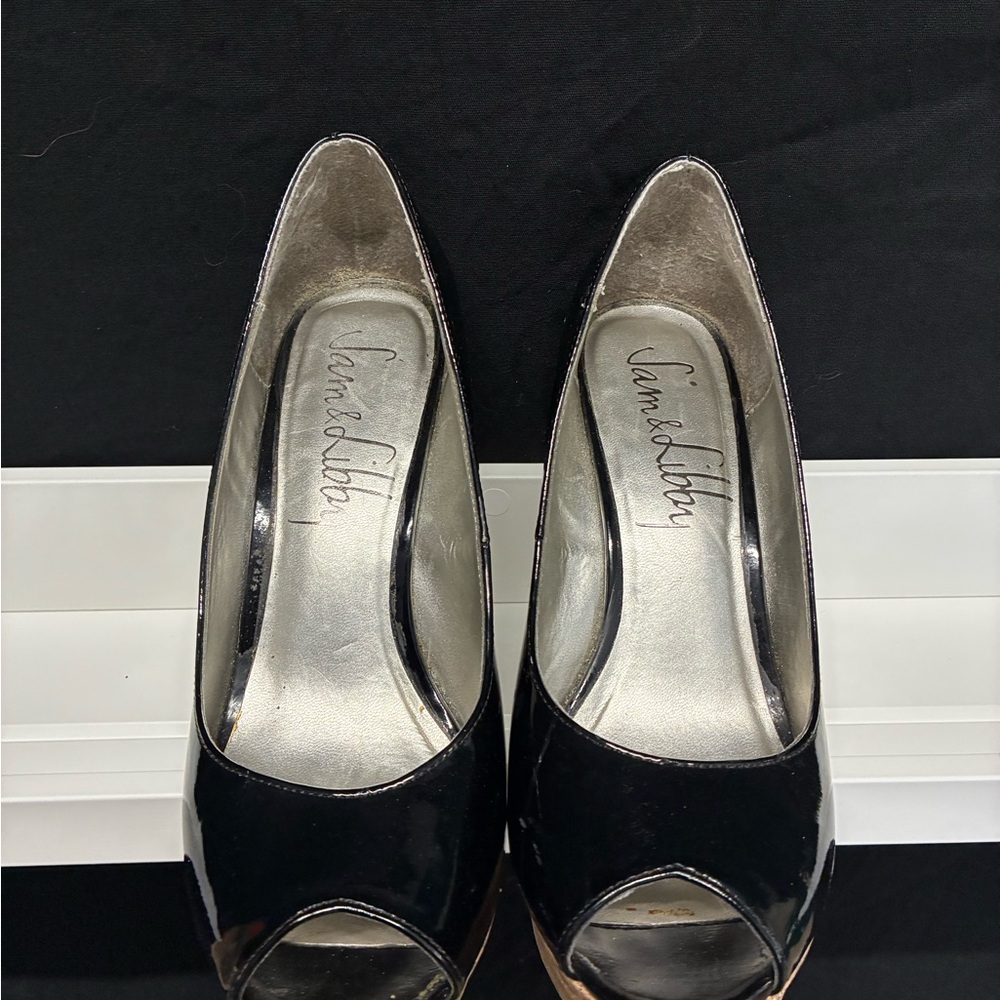 Sam & Libby Glossy Black Peep-Toe Heels